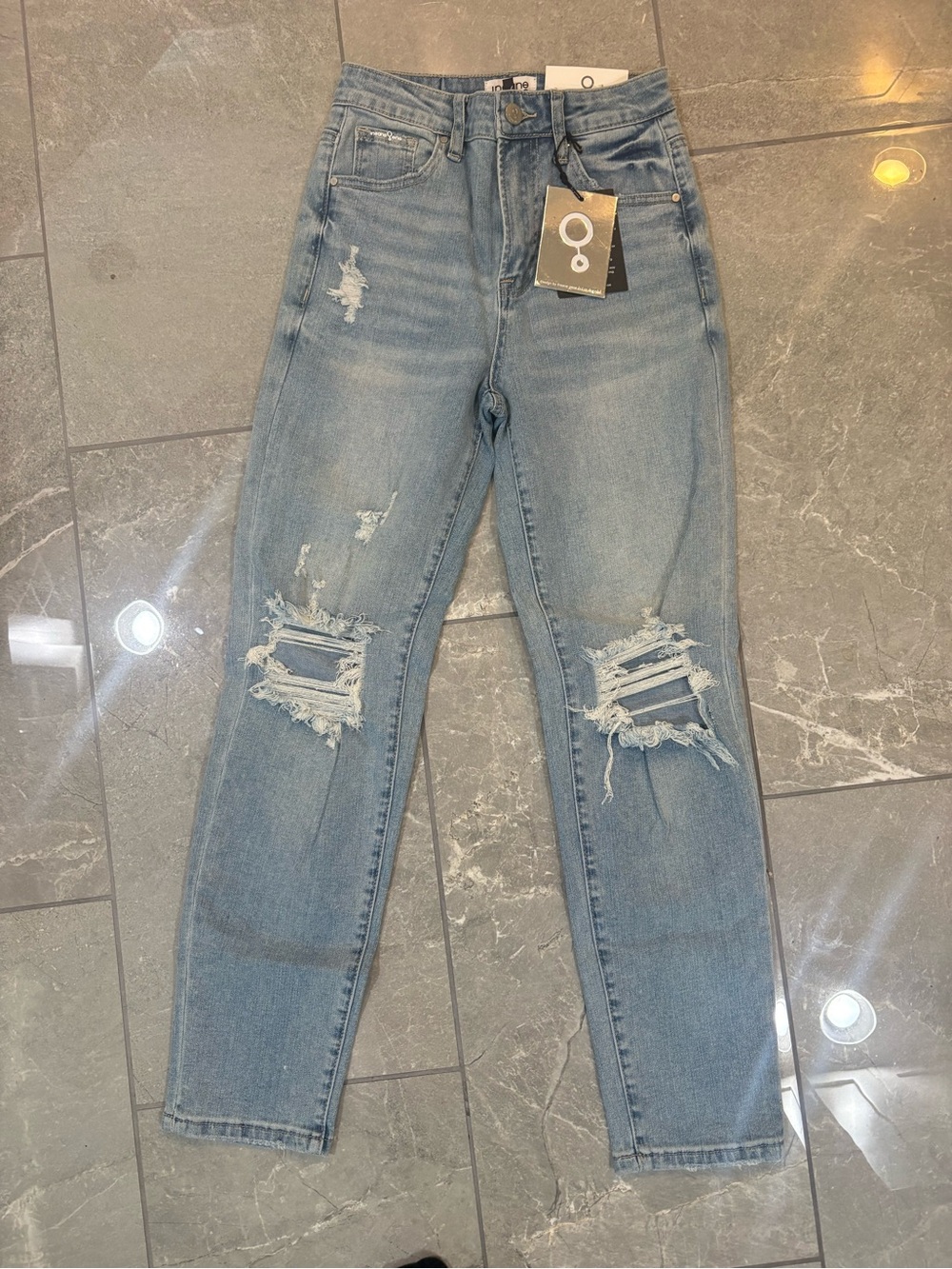 High-Rise Distressed Straight Jeans in Light Blue
